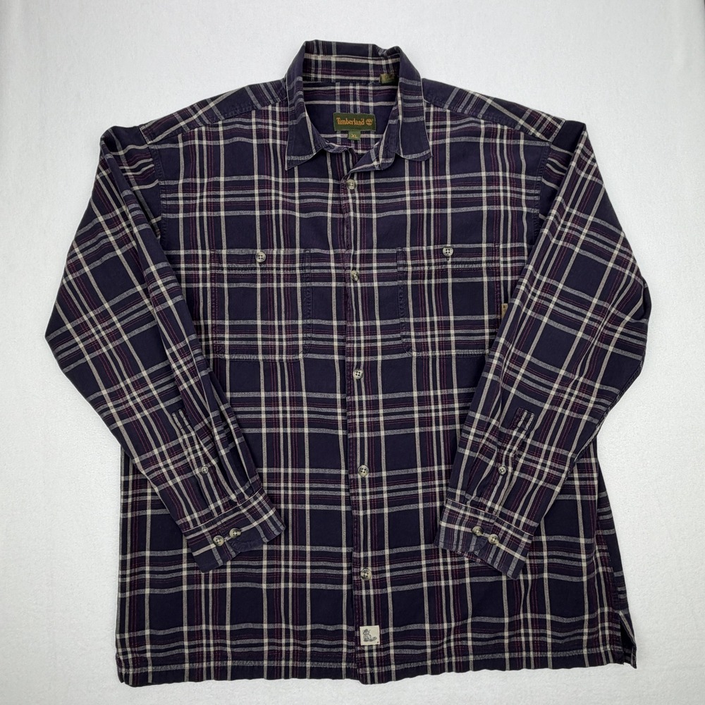 Vintage Timberland Plaid Button Down Shirt Mens XL Navy Blue Fall 2002 Cotton
